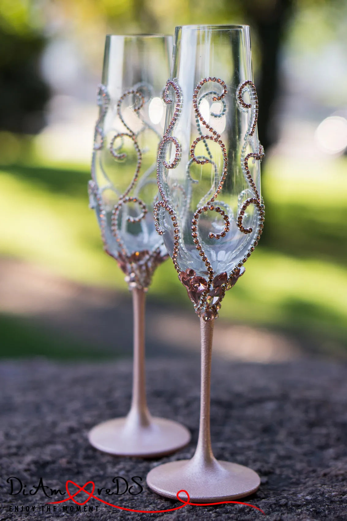 Elegant wedding toasting flutes from the Venice Collection with rhinestone chains