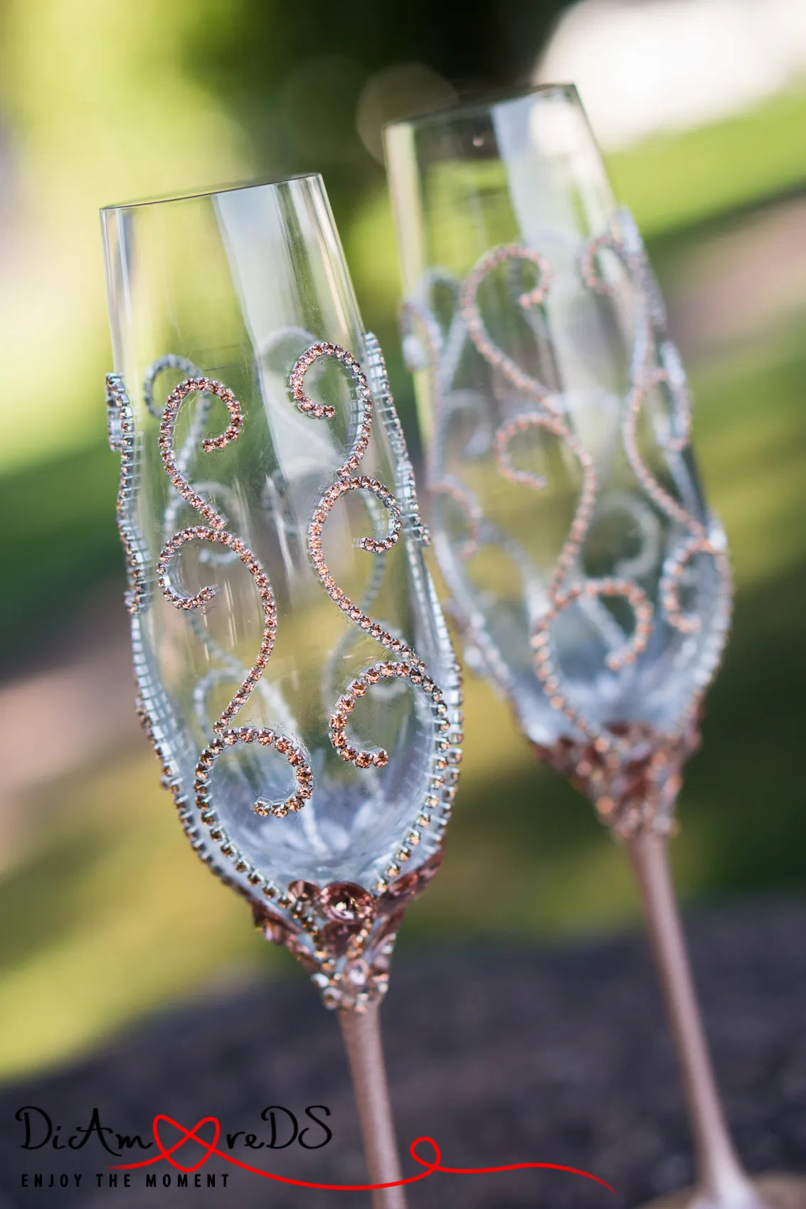 Venice Collection champagne flutes with exquisite rose gold embellishments