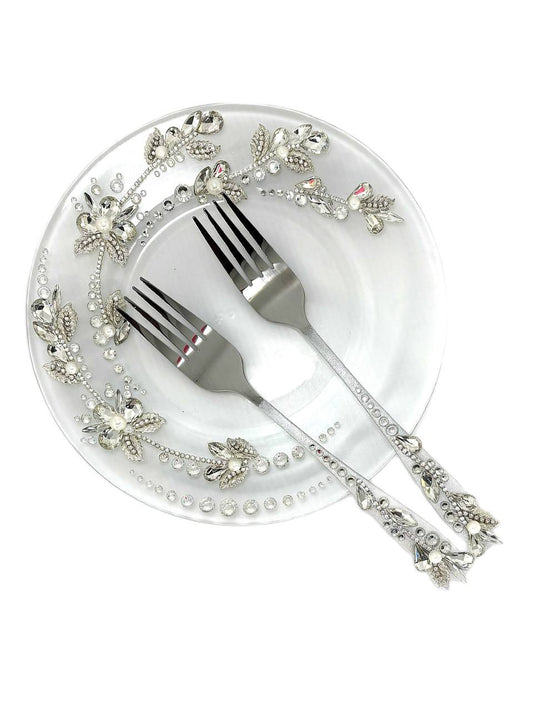 Personalized cake plate and fork set for wedding from the "Silver flowers" collection