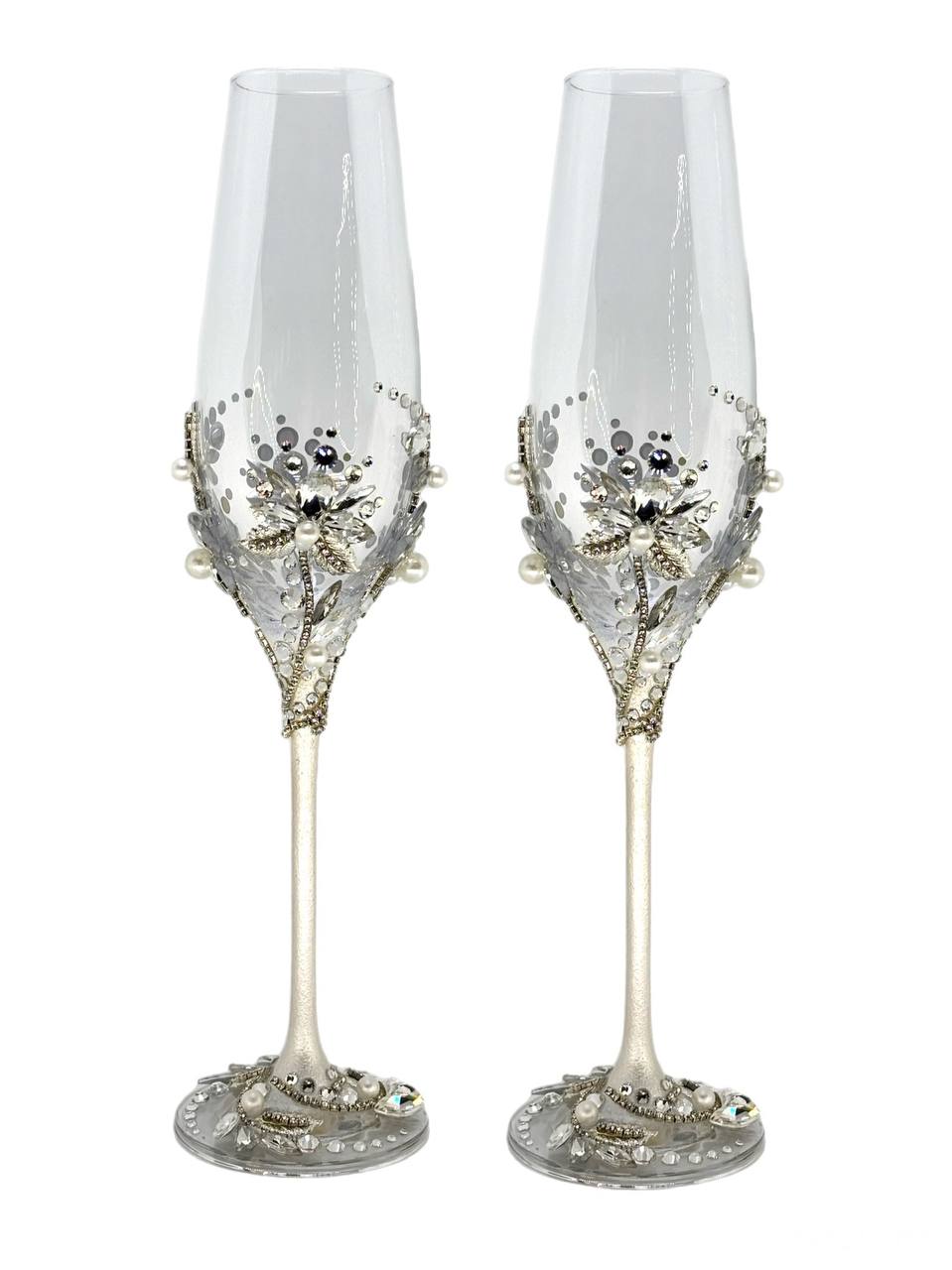 Silver-tone champagne glasses with shimmering crystals and pearl accents