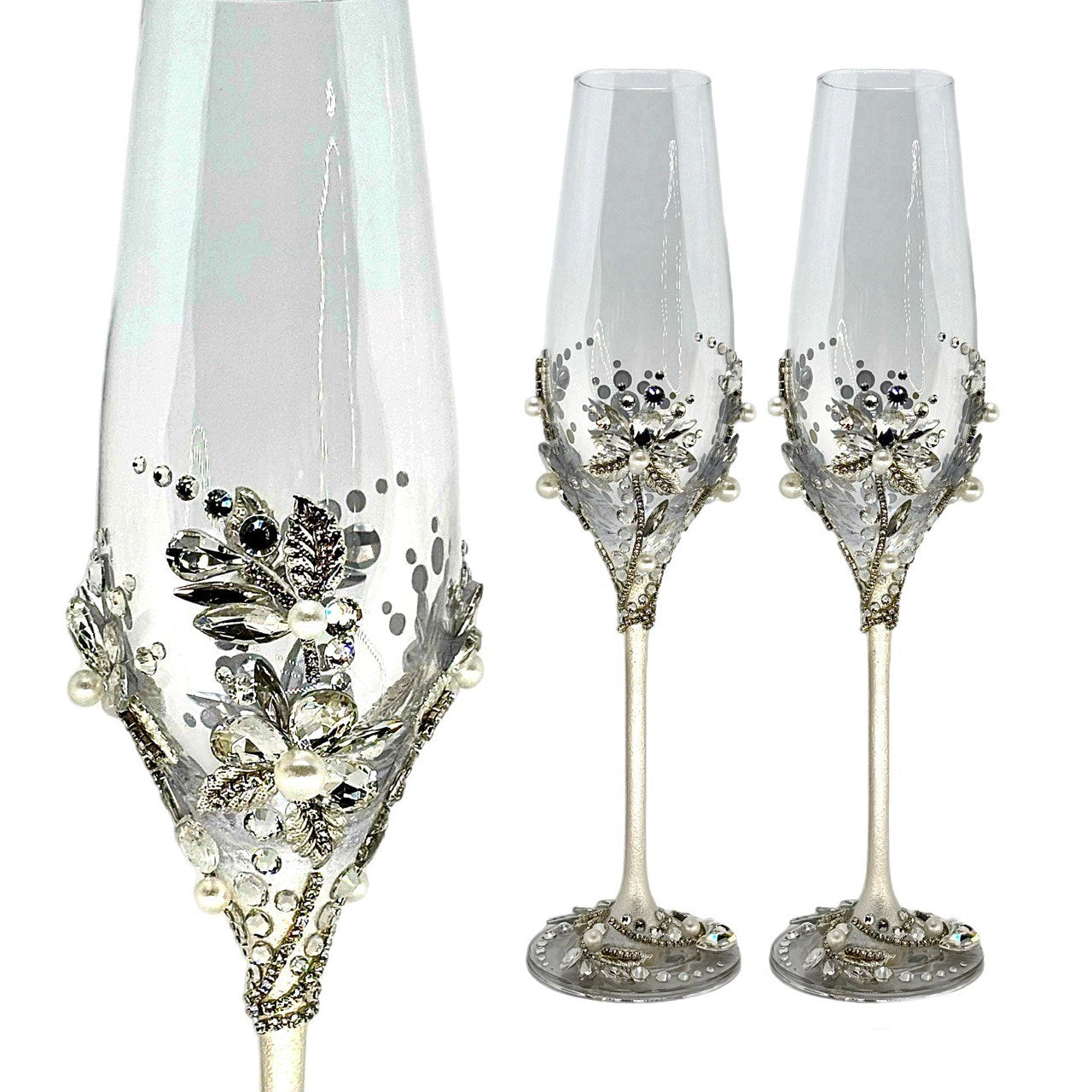 Stunning wedding stemware featuring metallic leaves and floral motifs