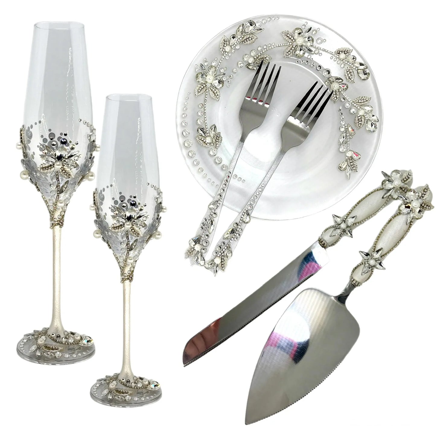 Custom engraved cake plate, champagne flutes, cake knife and server set for cherished memories