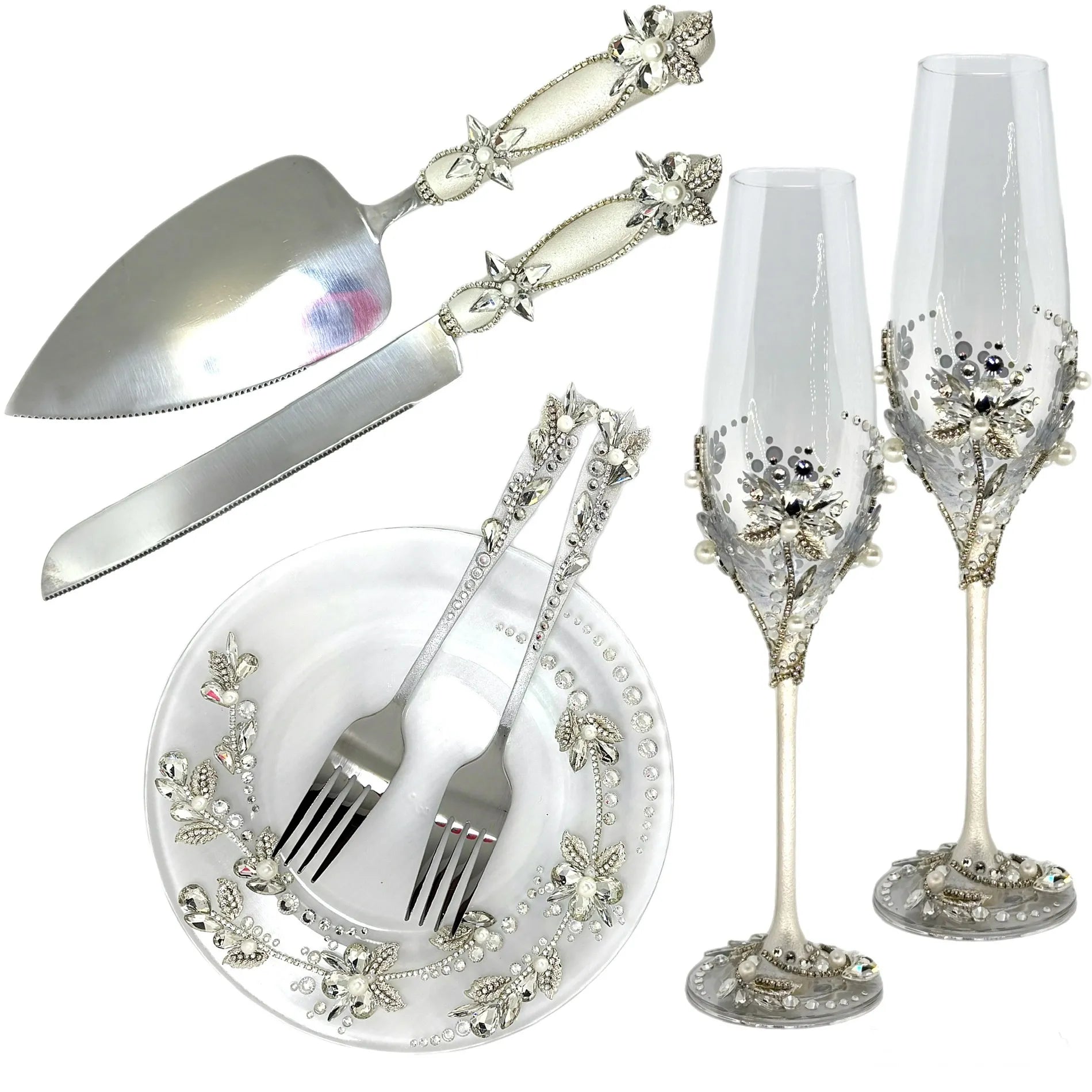 Exquisite handcrafted wedding cake cutting set, champagne flutes, dessert plate  for elegant occasions