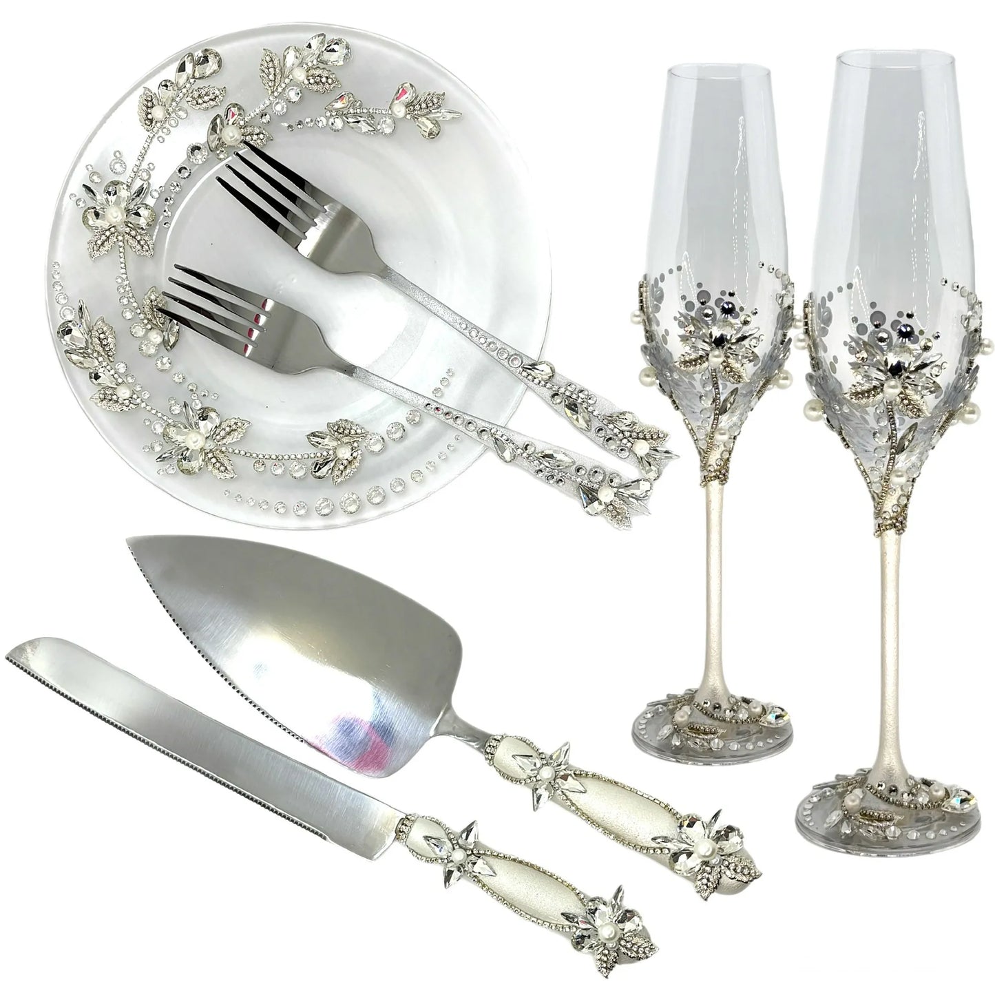 Timeless champagne toasting glasses, plate and forks,  cake knife for weddings and anniversaries