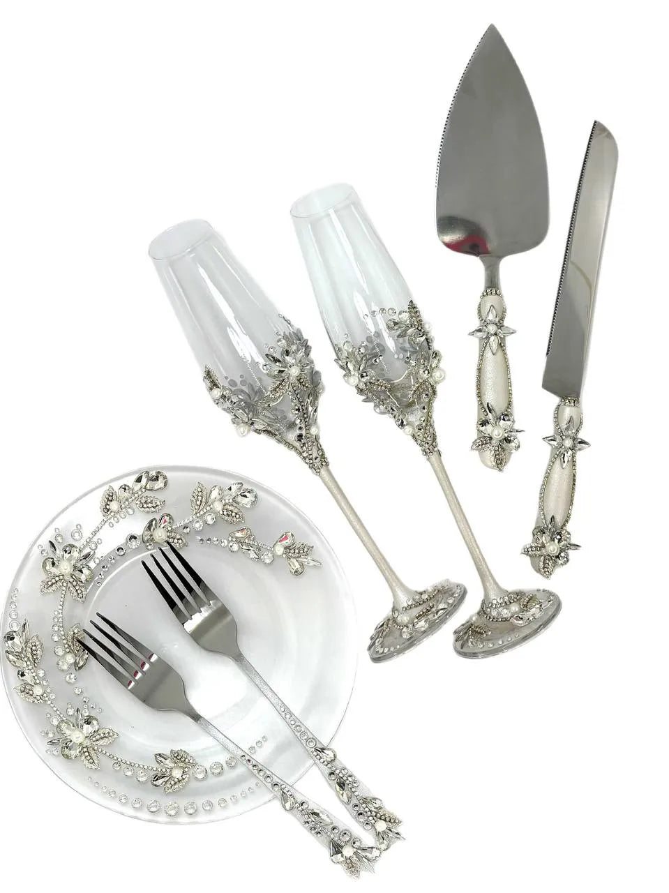 Elegant wedding champagne flutes,  cake cutting set, dessert plate from the "Silver Flowers" collection