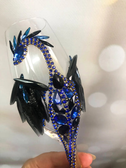 Stellar Sapphire: Rhinestone Dragon Champagne Flute