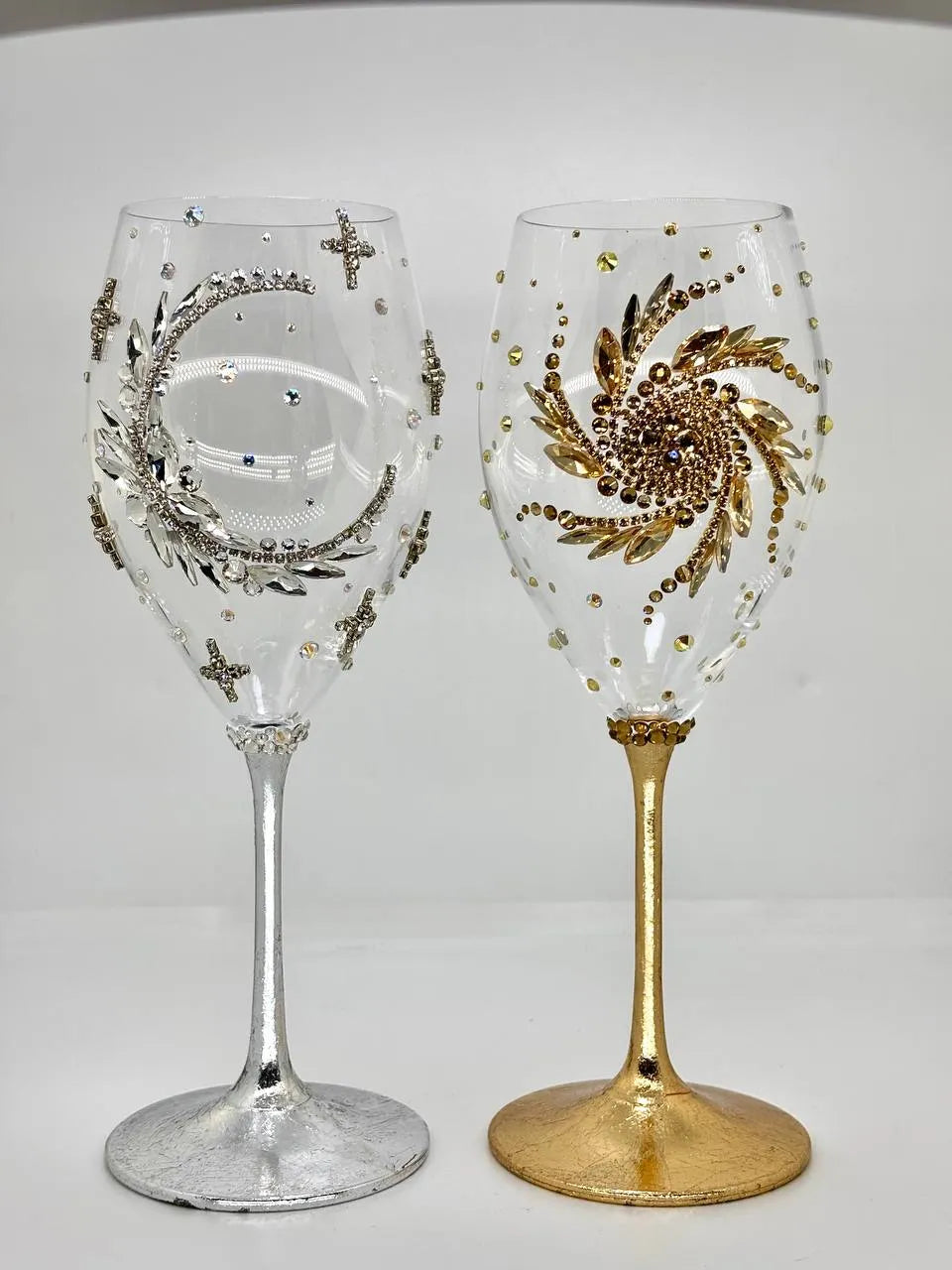 Harmonious Sun and Moon wine glass set, symbolizing balance and unity.