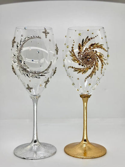 Harmonious Sun and Moon wine glass set, symbolizing balance and unity.