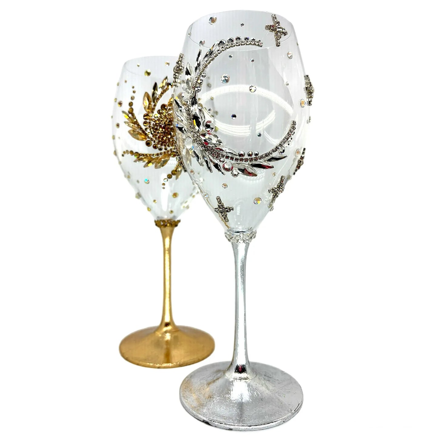 "Sun and Moon" collection wine glasses with gold and silver crystals