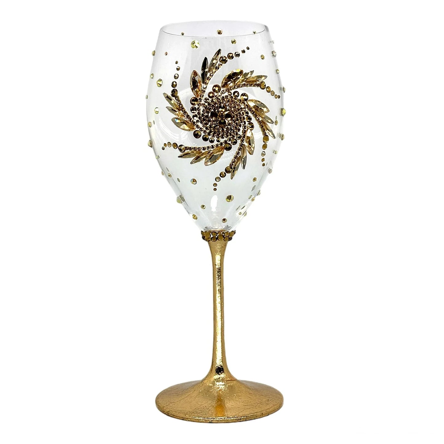 Wedding wine flute featuring a shimmering rhinestone chain and golden sun motif