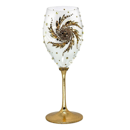 Wedding wine flute featuring a shimmering rhinestone chain and golden sun motif