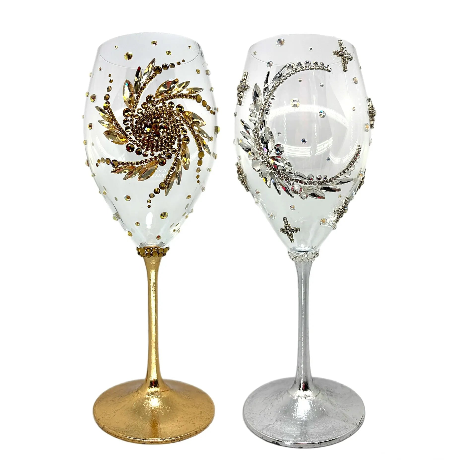 Wedding wine glasses featuring a radiant sun and shimmering moon