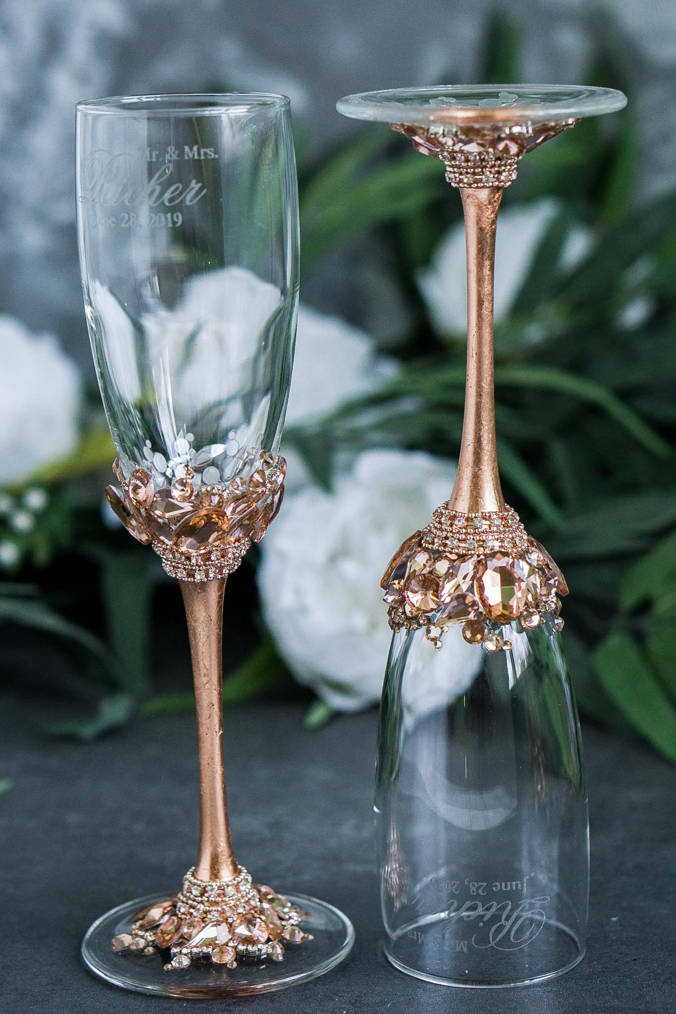 Rose Gold Bride and Groom Champagne Flutes