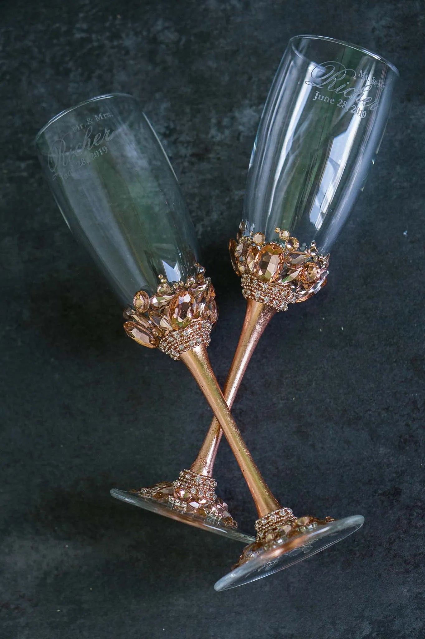 Sophisticated custom rose gold wedding champagne flutes