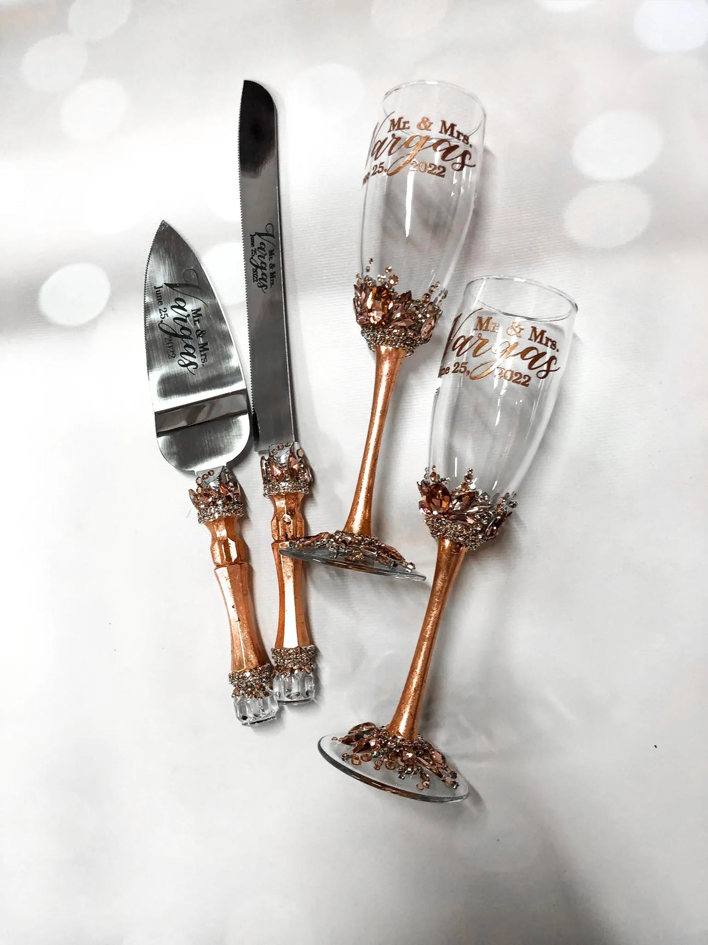 Victoria Rose Gold wedding toast glasses and server