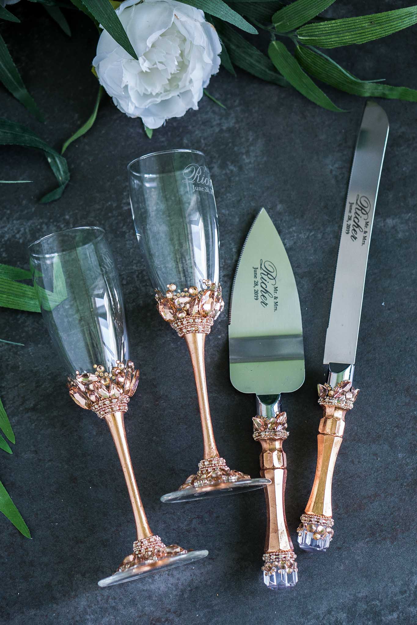 Set shops of 4: Rose Gold Wedding Glasses Rose Gold Cake Server Knife Rose Gold Flutes Rose gold Bride Groom Glasses Sweet 16 flutes Wedding Gift