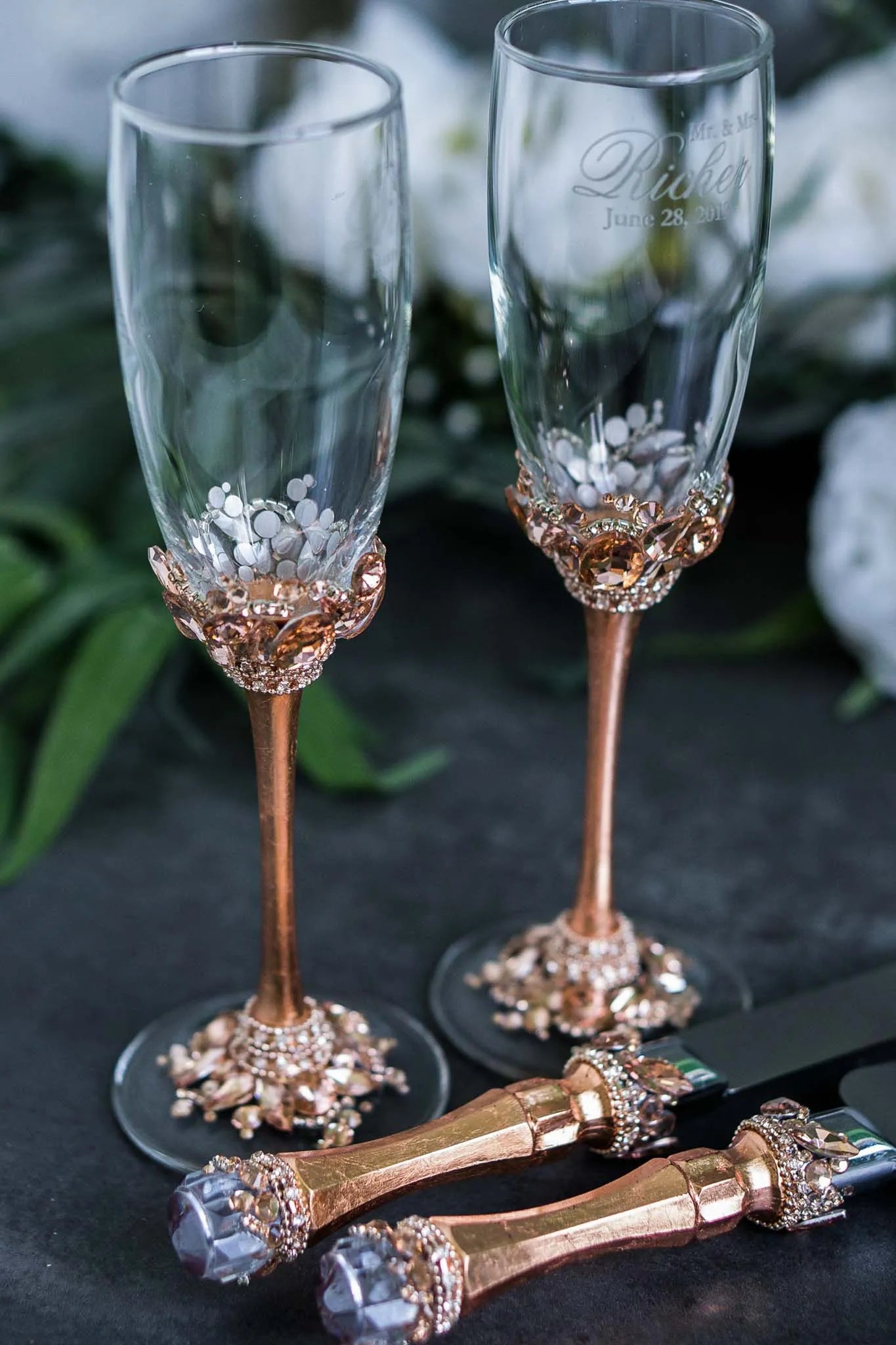 Victoria Rose Gold bride and groom drinkware set