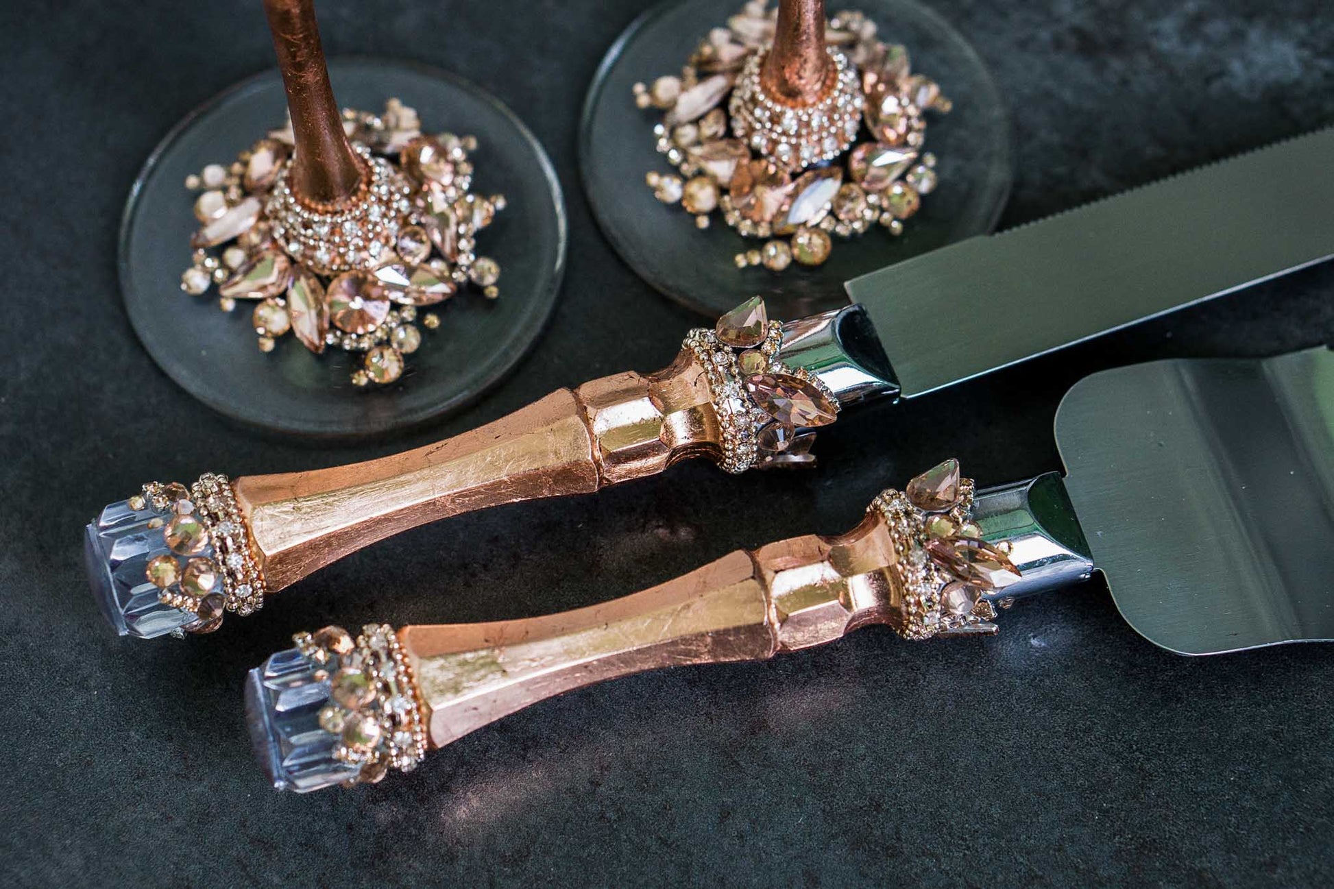 Sophisticated wedding champagne flutes with rose gold accents