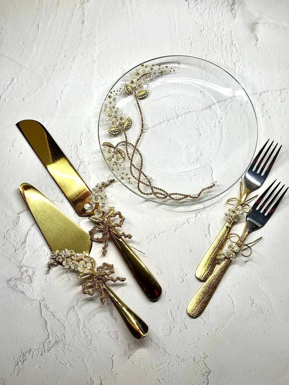 Handmade Wedding Cake Plate and Forks with Gold Serving Set