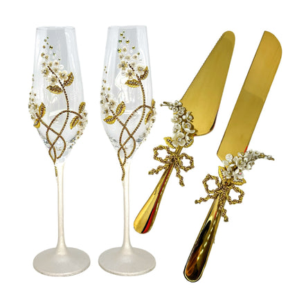 Elegant "Vintage Flowers" personalized champagne glasses and gold cake server sets for weddings