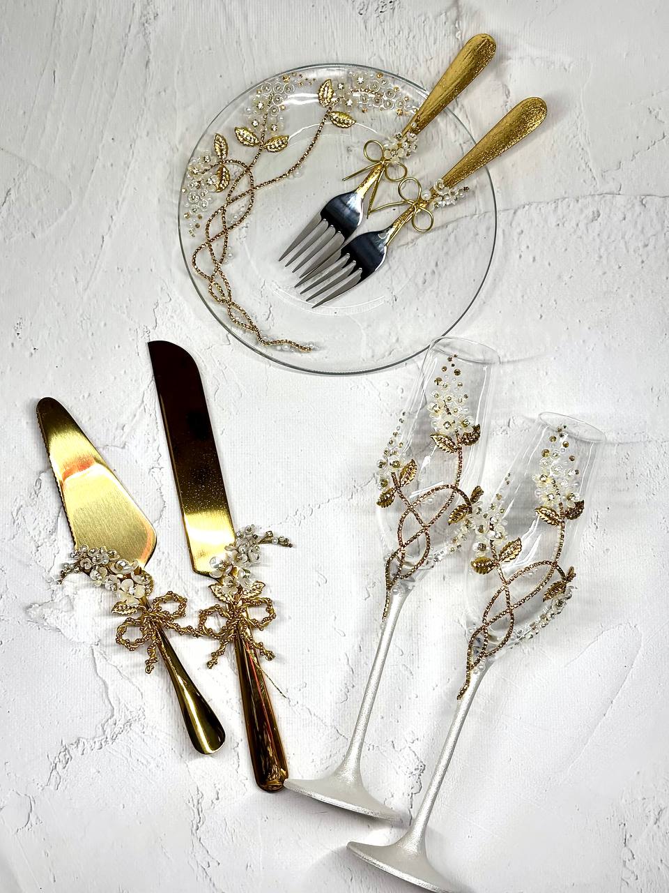 Wedding Glasses, Cake Plate & Forks,  Cake Cutting Sets with timeless handmade elegance 