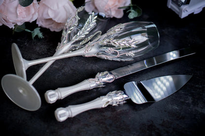 Personalized wedding flutes and cake set with custom engraving option