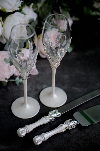 Bohemian chic wedding cake knife and champagne flutes