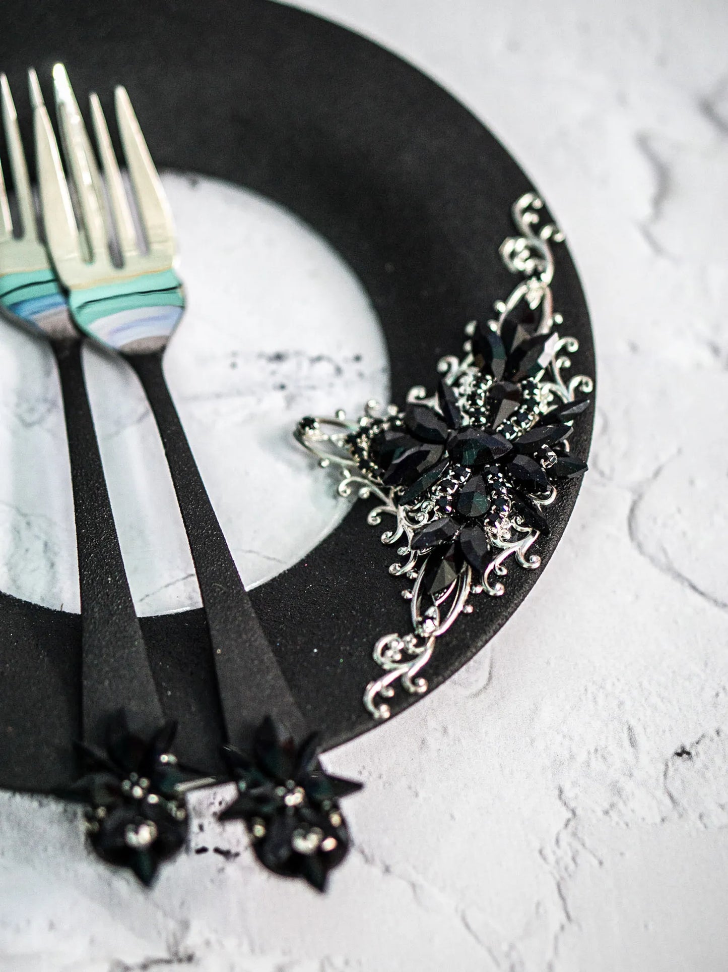 Elegant Gothic Black Crystals Wedding Cake Plate and Fork Set - Gloria Collection