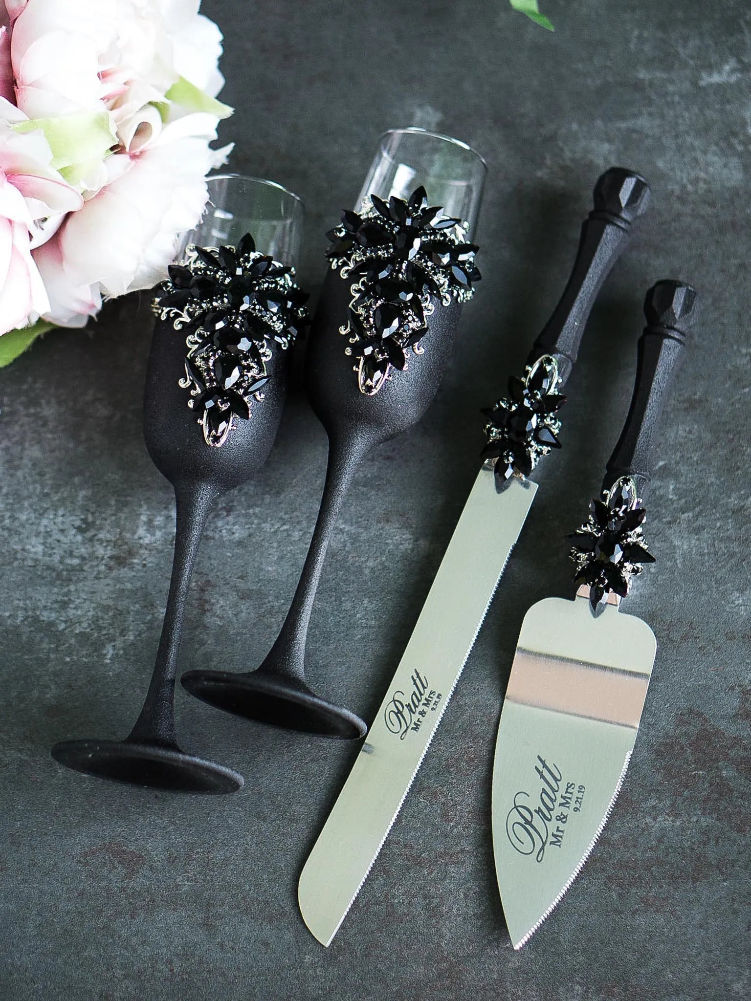 Unique wedding toast glasses with black crystal detailing