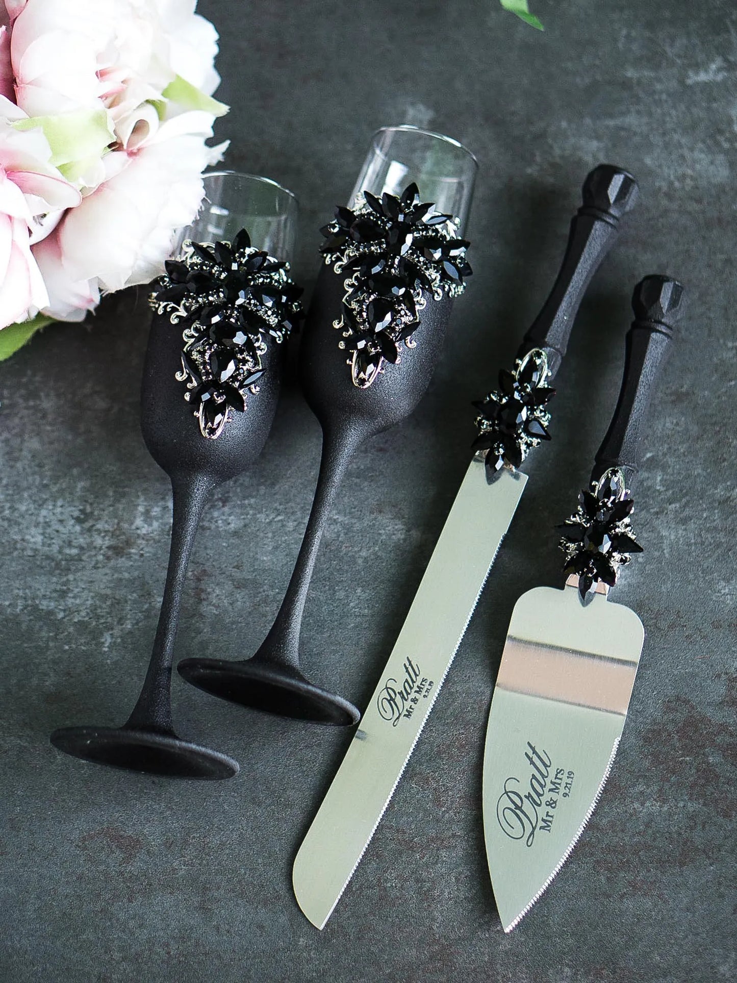 Gothic Engraved Black and Silver Crystal Mr. and Mrs. Cake Knife and Server Set
