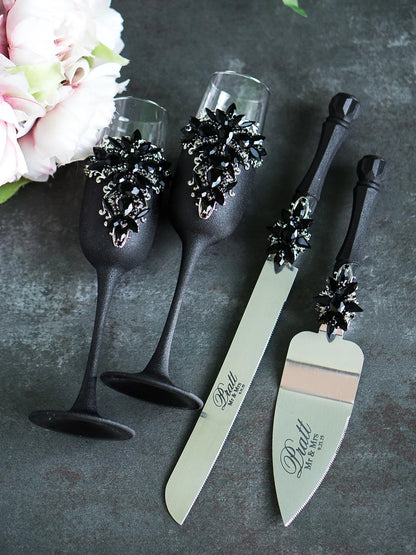 Black Crystals Gothic Themed Wedding Champagne Glasses and Cake Cutting Set