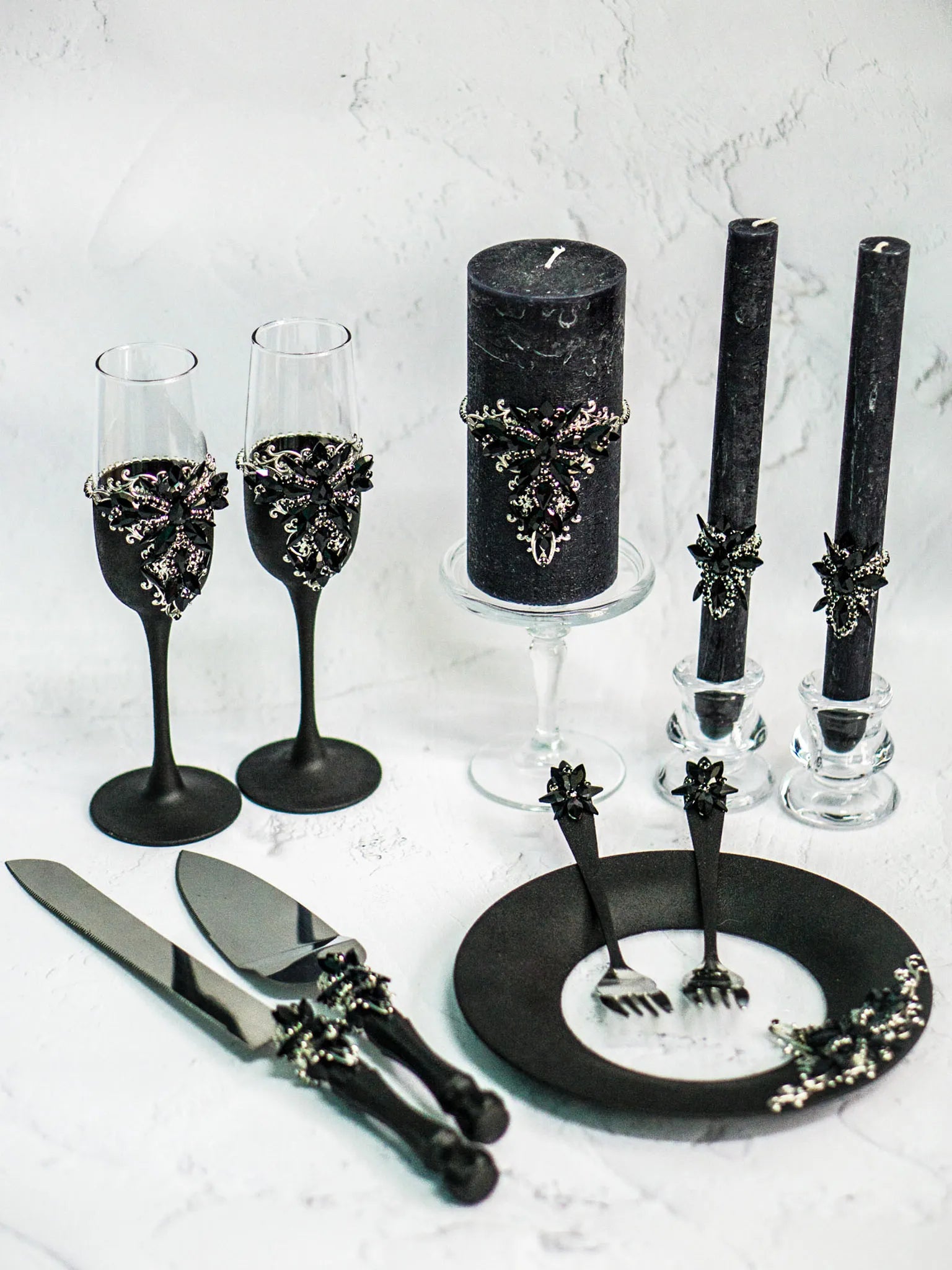 Gothic Black Crystals Wedding Dessert Server Set