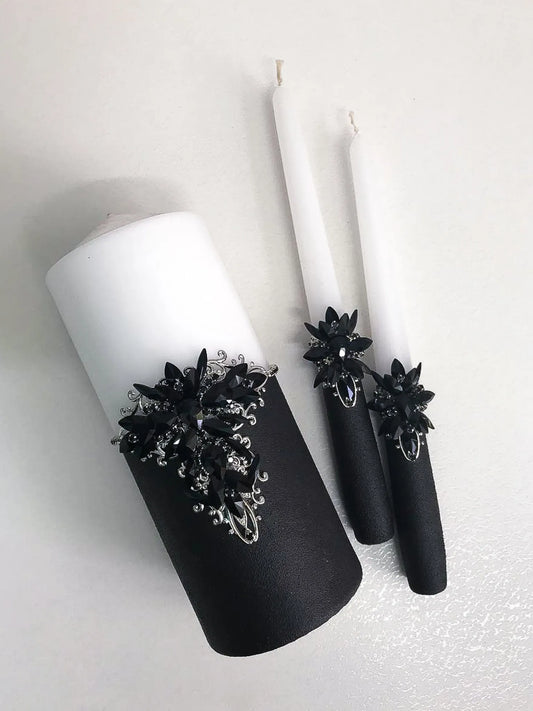 Personalized Gothic Black Crystals Wedding Unity Candles