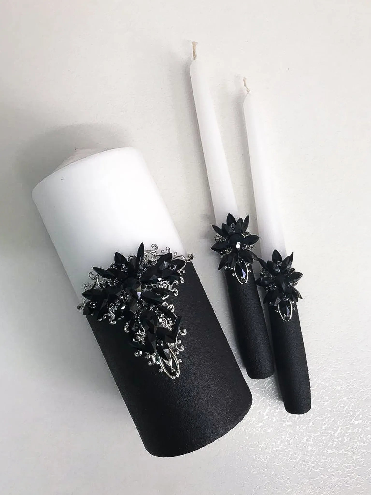 Personalized wedding unity candles with black crystals