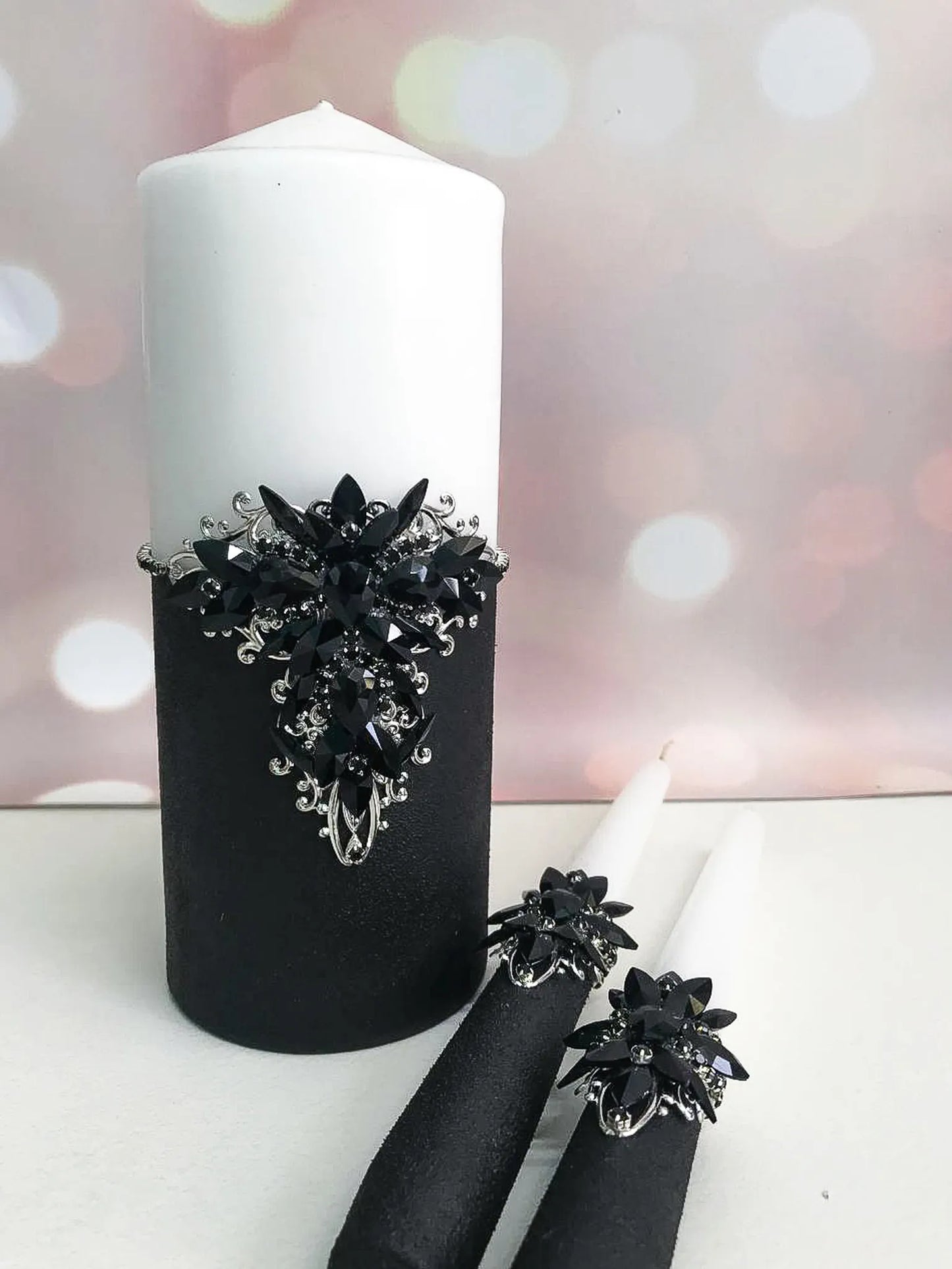 Personalized Gothic Black Crystals Wedding Unity Candles