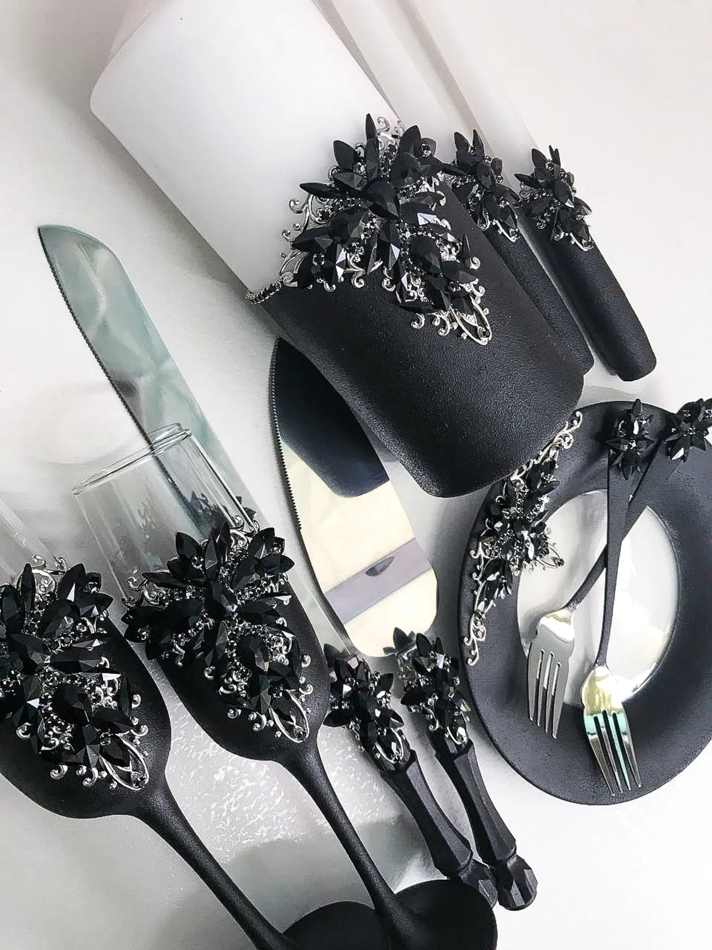 Gothic Engraved Black and Silver Crystal Mr. and Mrs. Cake Knife and Server Set