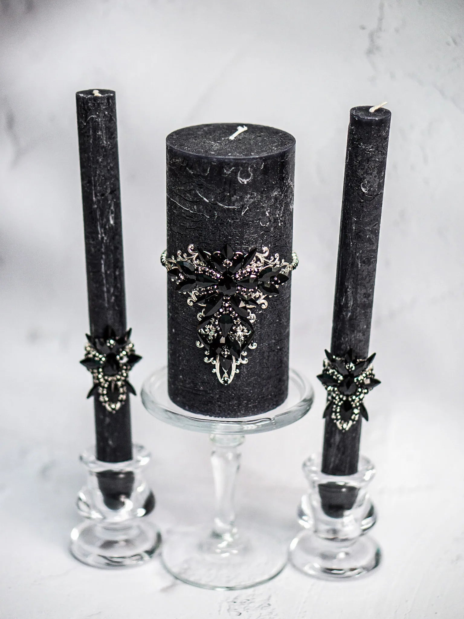 Personalized Gothic unity candles with silver accents