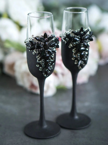 Gloria Gothic Black and Silver Personalized Wedding Toast Champagne Flutes for the Darkly Enchanted Bride and Groom