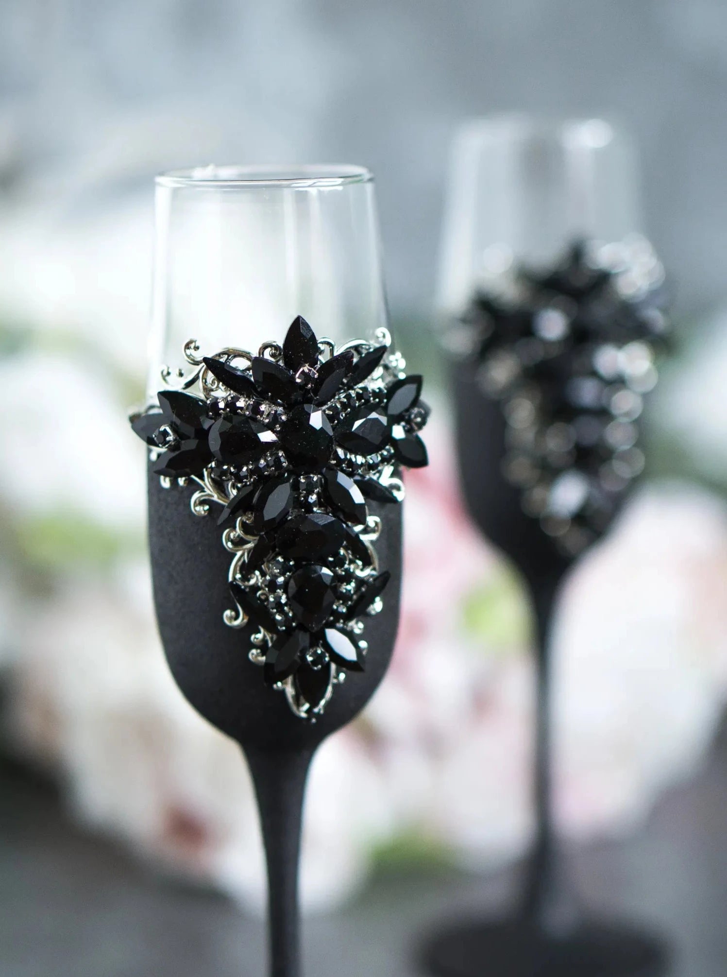 Personalized wedding champagne flutes with gothic theme