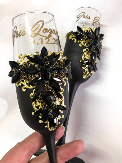 Enchanting Gothic Black and Gold Engraved Champagne Flutes