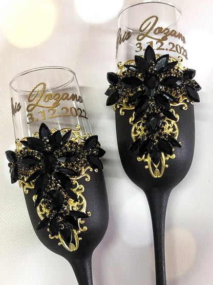 Gloria Gothic Black and Silver Personalized Wedding Toast Champagne Flutes for the Darkly Enchanted Bride and Groom