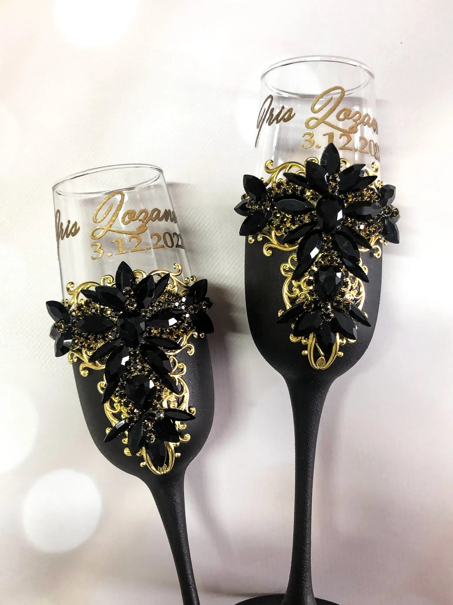 Unique wedding toasting glasses with black crystal detailing