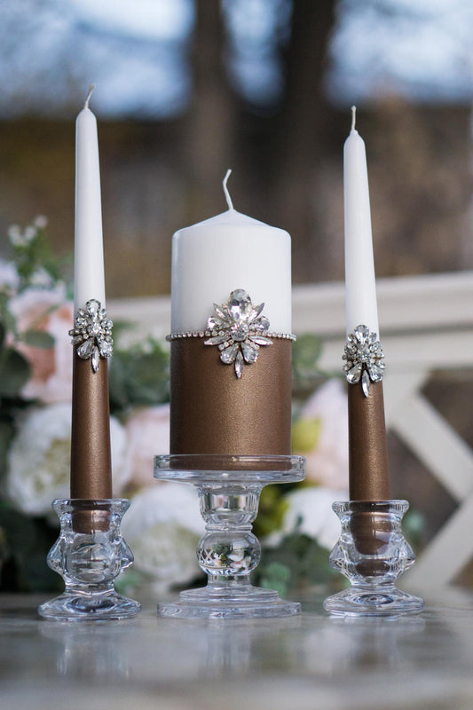 Handcrafted Chocolate Amanda wedding candle set with sparkling embellishments