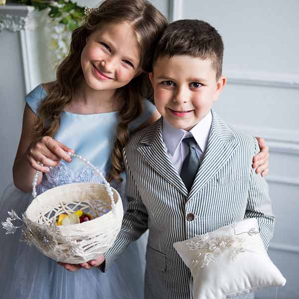 Stylish wedding baskets for flower girls and unusual pillows for the ring bearer
