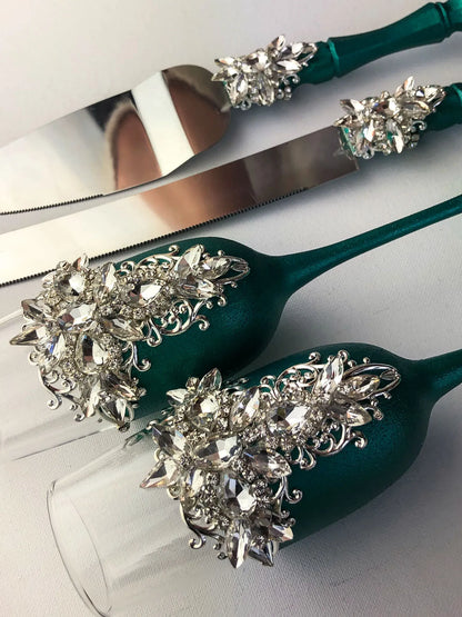 Exquisite Emerald and Silver Crystal Wedding Toasting Glasses for Mr. and Mrs.