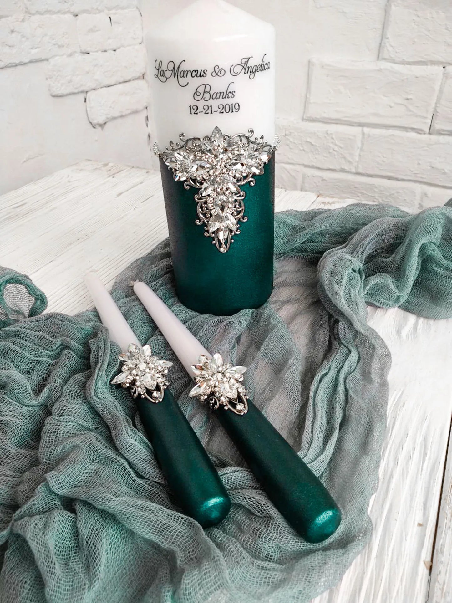 Personalized Emerald and Silver Crystals Bride and Groom Unity Candles - Gloria Collection