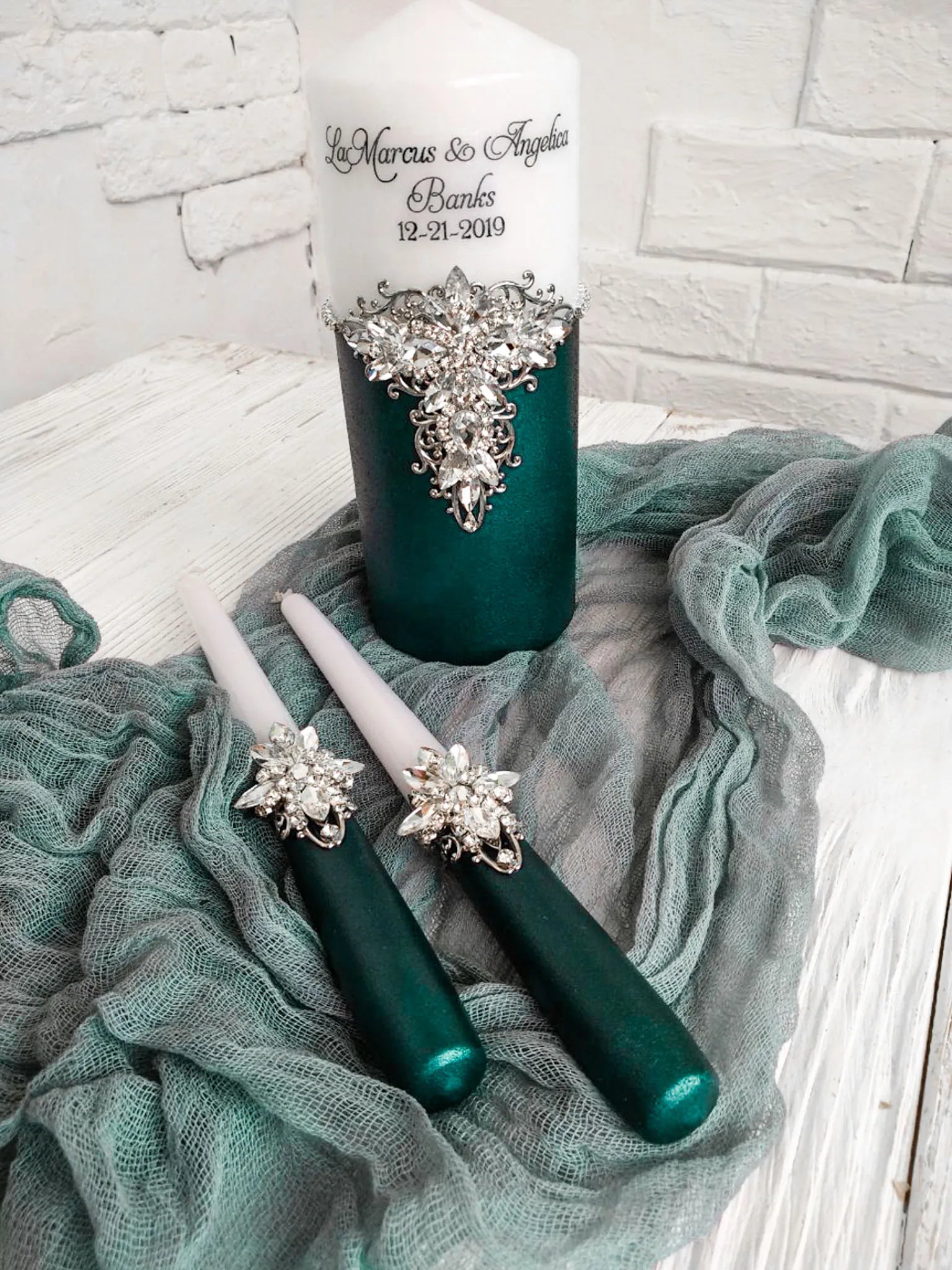 Emerald and Silver Bride and Groom Unity Candles