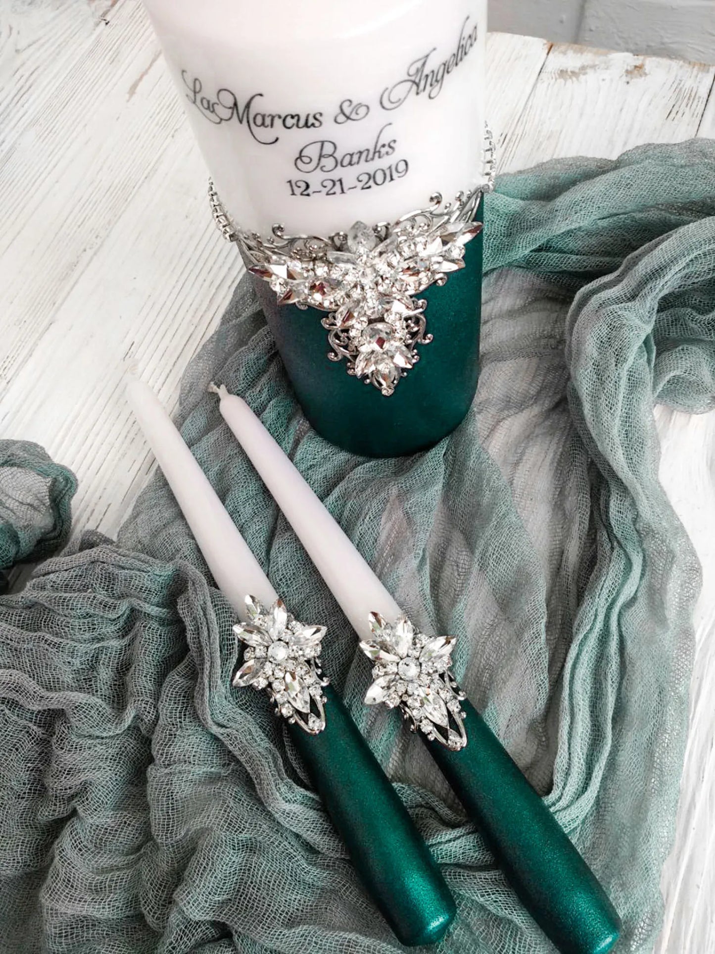 Personalized Emerald and Silver Crystals Bride and Groom Unity Candles - Gloria Collection