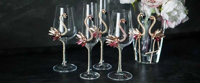 Cute crystal pink flamingo on glassware for wine, martini, champagne and vases