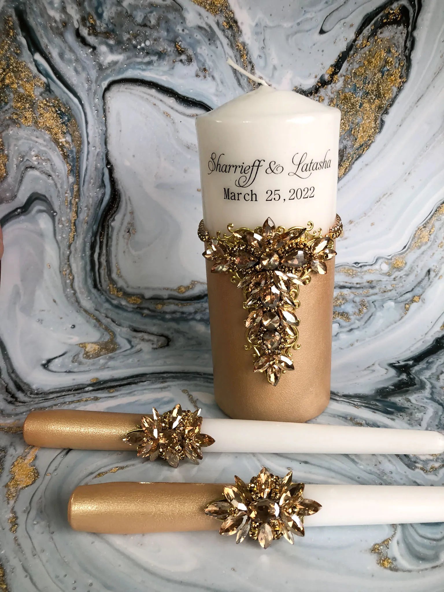 Gold crystal unity candles adorned with high-quality crystals